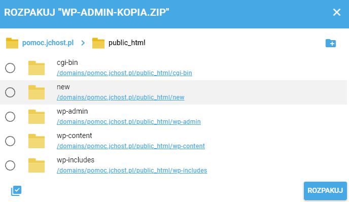 Wskaż lokalizację, do której chcesz wypakować archiwum ZIP, utwórz nowy folder