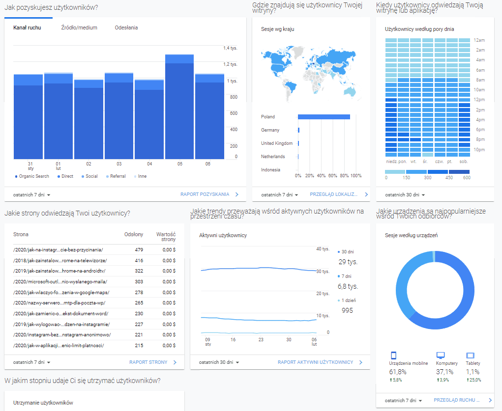 Widok głónego pulpitu Google Analytics dla witryny internetowej