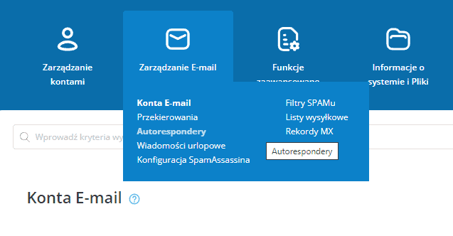 W panelu DirectAdmin znajdziesz opcje autoresponder i wiadomość urlopową. Skonfiguruj je dla dowolnego konta e-mail.